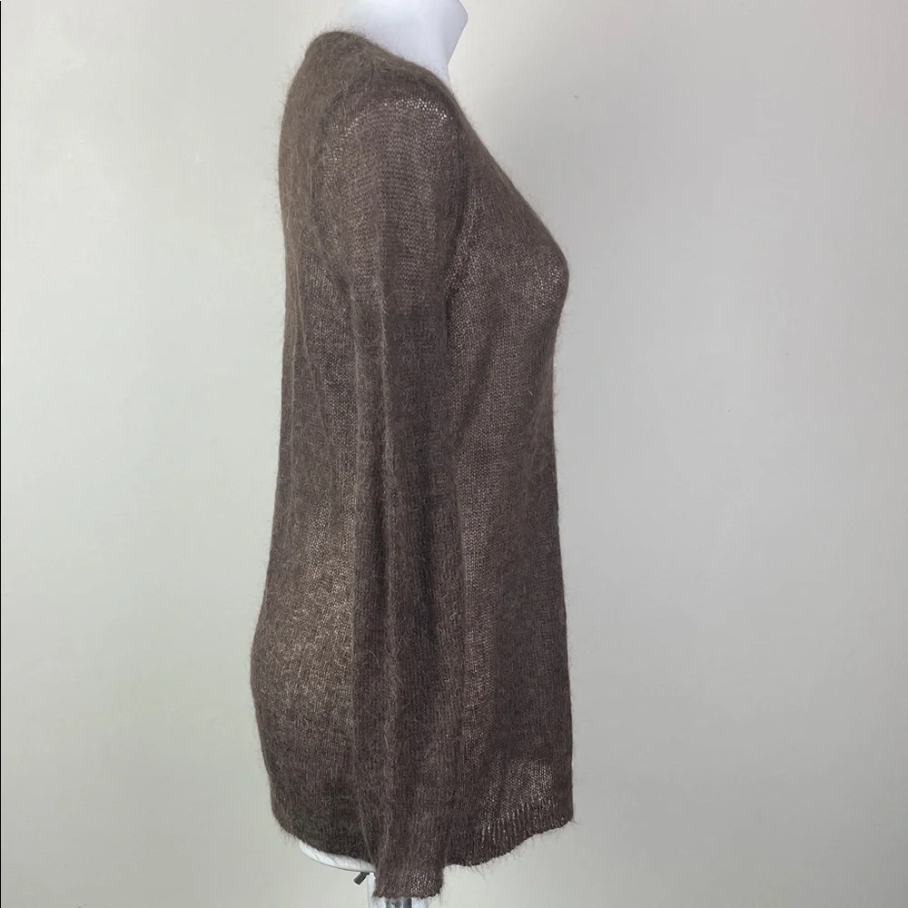Super Fuzzy Sheer Mohair V-Neck Sweater Brown Distressed